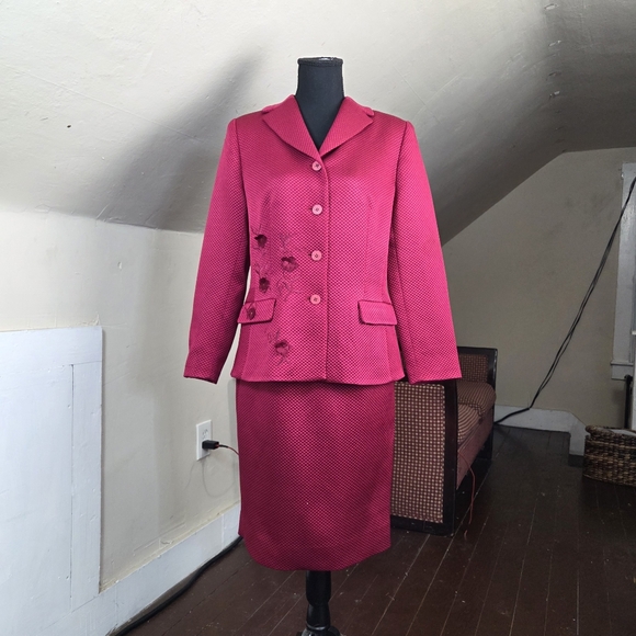 Rickie Freeman for Teri Jon Silk Wool Skirt Suit Set Size 8 Pink Textured VTG - Picture 1 of 16